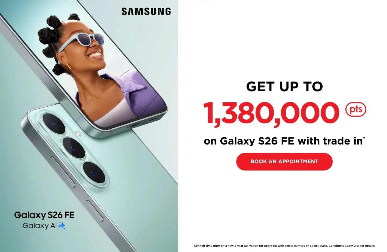 Samsung Galaxy S26 FE in a light mint green finish, is shown at an angle, highlighting its triple rear camera, with a smiling woman displayed on screen. Text reads 'get up to 1,380,000 pts on Galaxy S26 FE with trade in.' 'Book an appointment.